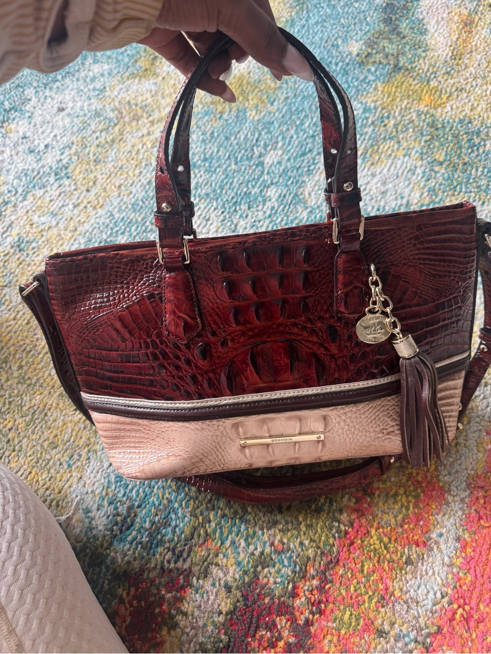Brahmin Two-Tone Croc-Embossed Satchel in Burgundy and Cream SEND BEST OFFER❤️ - Picture 9 of 9